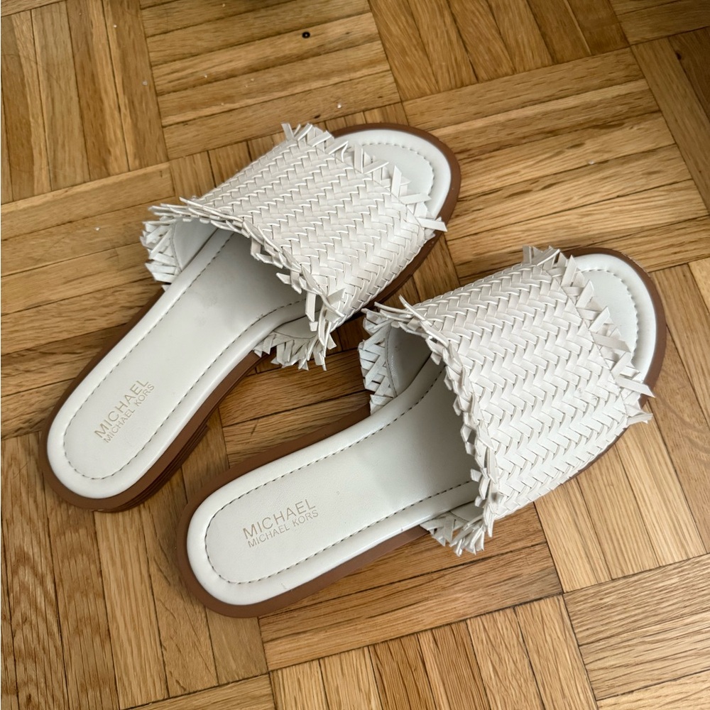 Michael Kors White Fringe Slide Sandals